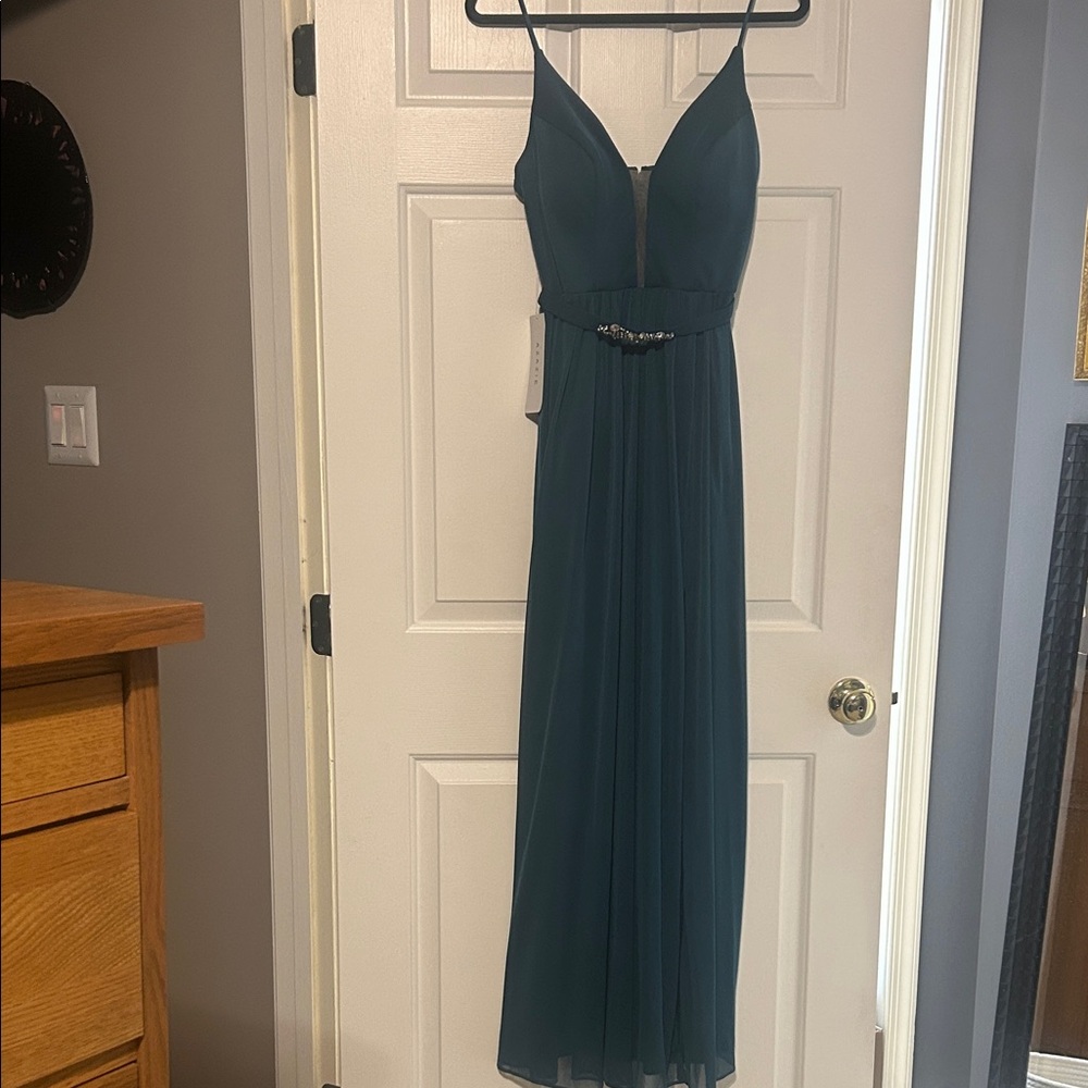 Azazie formal long dress.  Custom sizing.  Peacock green. NWT.